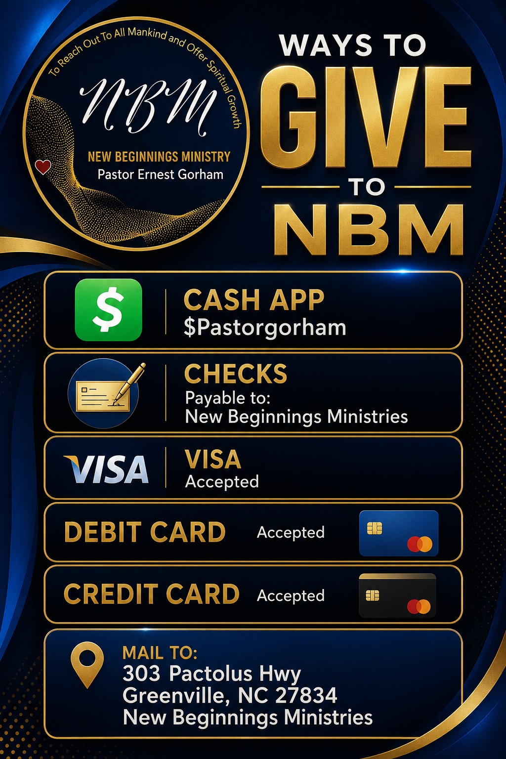 Ways to give to New Beginnings Ministries